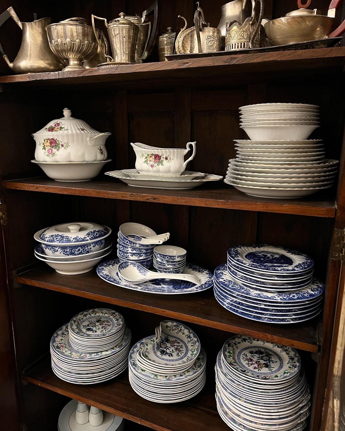 Chef Tejasvi Chandela's personal collection of vintage crockery and a plate from her 'Wisteria' collection