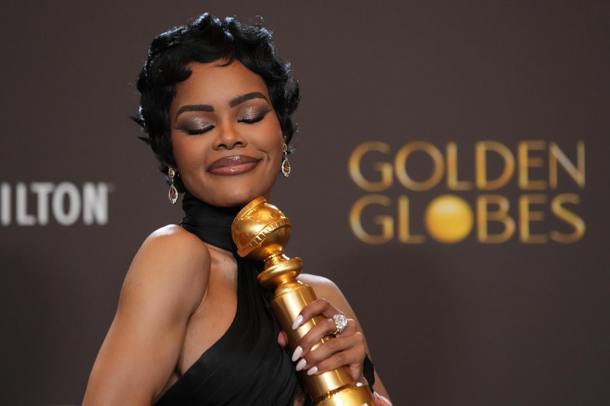 Teyana Taylor poses in the press room with the award for best performance by a female actor in a supporting role in any motion picture for ‘One Battle After Another’ during the 83rd Golden Globes