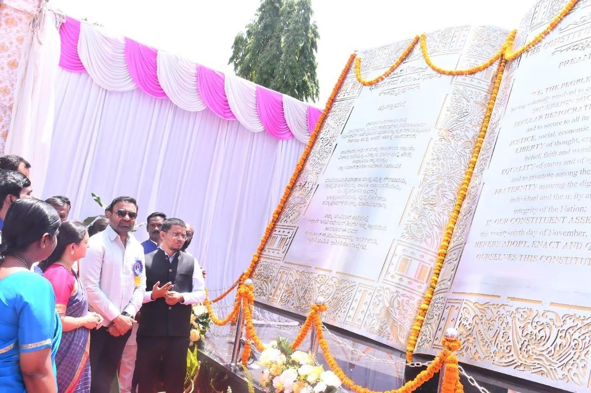 A metal replica of the Constitution being unveiled in Dharwad, Karnataka, to commemorate the 134th birth anniversary of Dr. B.R. Ambedkar. File