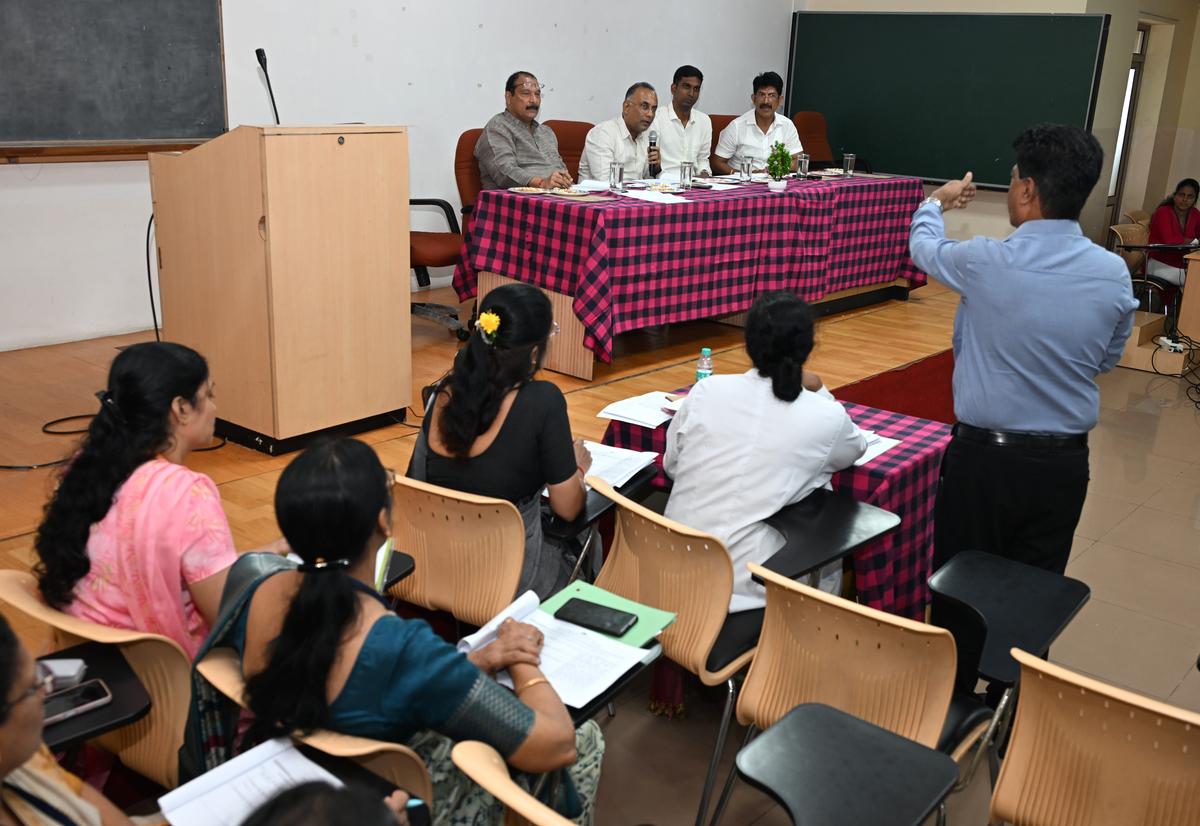 KS Aruna Prabha, Managing Director, Mangaluru Smart City Limited, speaking at the Arogya Raksha Samithi meeting in Mangaluru on Saturday, August 17.