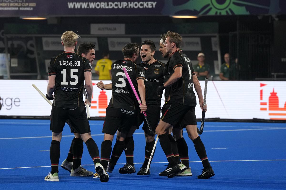 German players celebrates during the Hockey World Cup semifinal in Bhubaneswar on January 27, 2023.