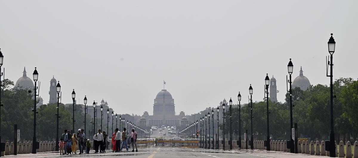 A mirage appears on Kartavya Path, as a heatwave swept across New Delhi on May 23, 2025. 