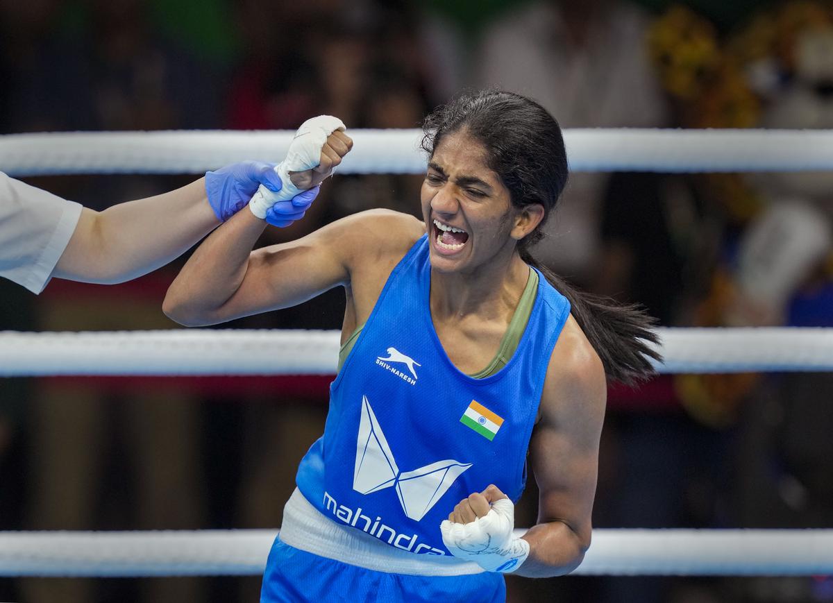  India’s Nitu reacts after winning her 45-48kg category semifinals match against Kazakhstan’s Alua Balkibekova at the 2023 IBA Women’s Boxing World Championships, in New Delhi, Thursday, March 23, 2023.  