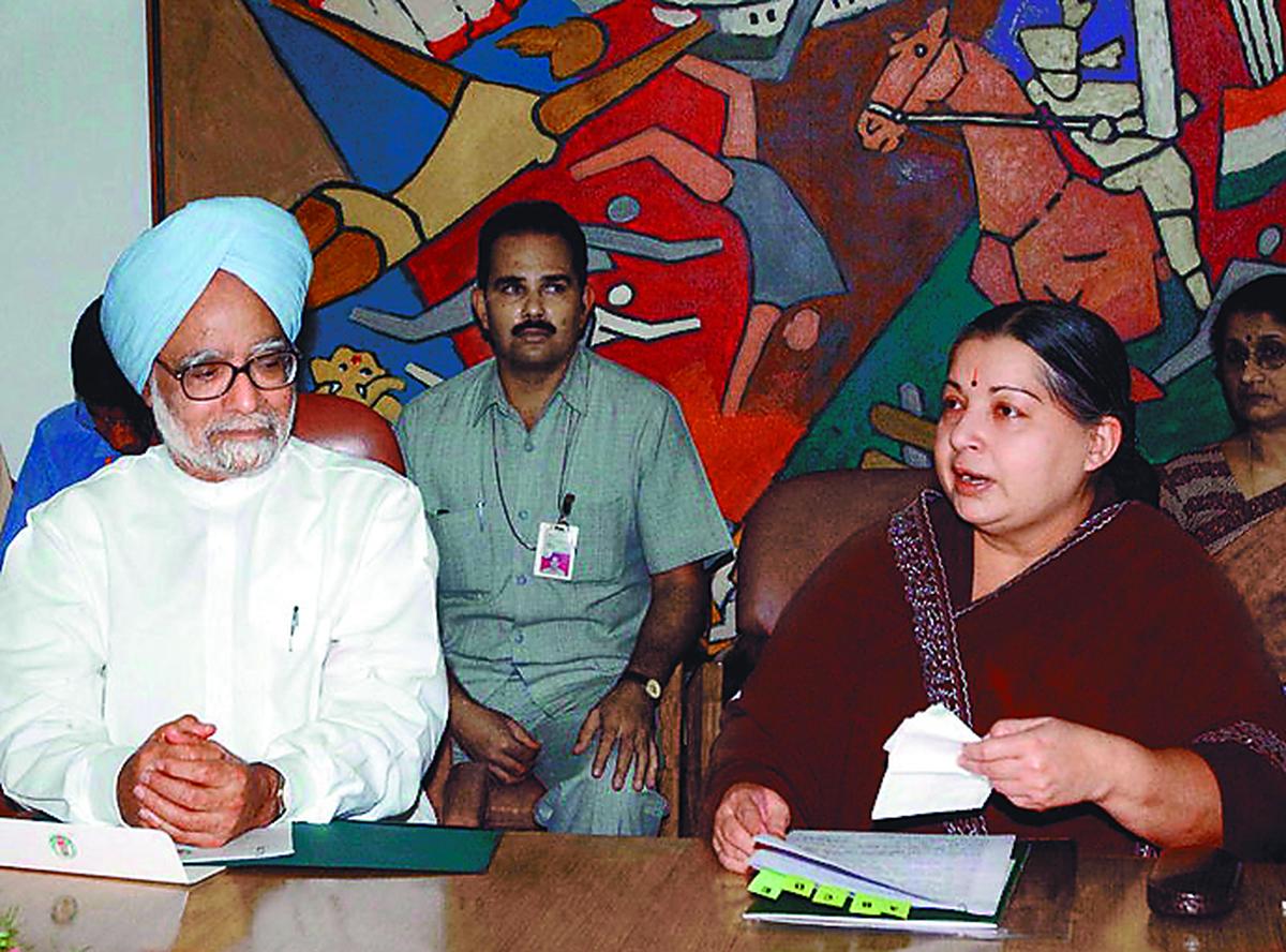 Tamil Nadu Chief Minister J. Jayalalithaa with Prime Minister Manmohan Singh at New Delhi on July 26, 2005. File