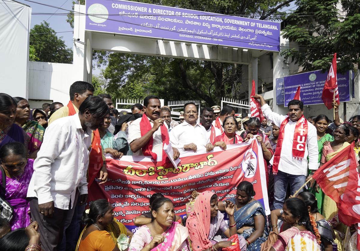 AITUC mid-day meal workers protest infront of the Director of School Education’s office in Hyderabad on Monday.