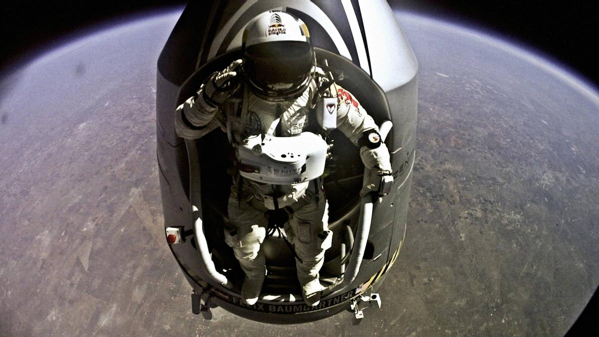 Pilot Felix Baumgartner of Austria jumps out from the capsule during the final manned flight for Red Bull Stratos in 2012