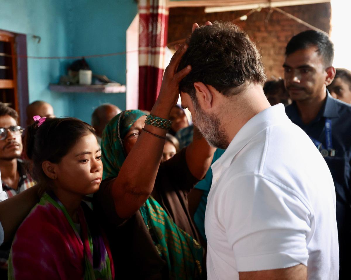 Leader of Opposition in the Lok Sabha Rahul Gandhi met the family members of the Hathras stampede victims on July 5, in Pilakhna, Aligarh. Photo credit: Special Arrangement