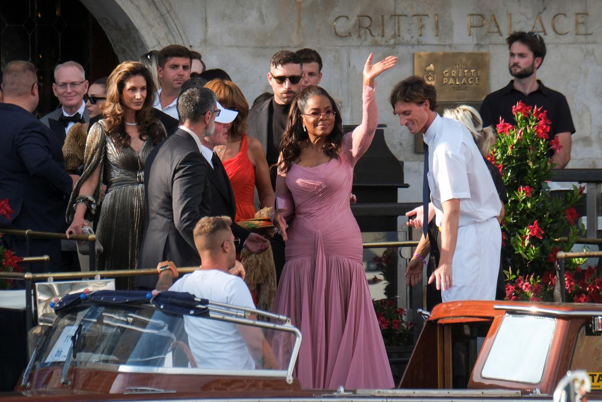 Oprah Winfrey leaves Gritti Palace, on the second day of the wedding festivities of Amazon founder Jeff Bezos and journalist Lauren Sanchez, in Venice, on June 27, 2025. 