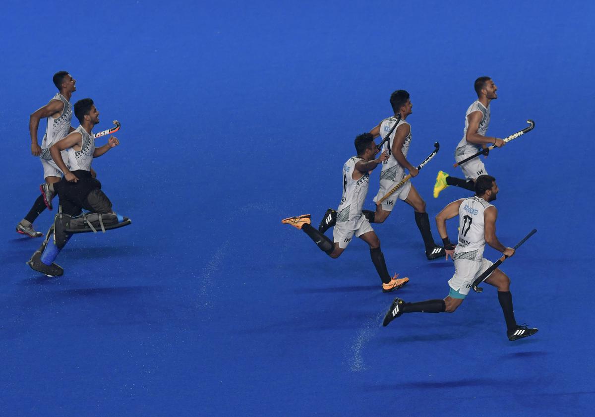 Karnataka’s players celebrate after winning the tiebreaker against Indian Army in the semifinals of the 94th All India MCC Murugappa Gold Cup hockey at the Mayor Radhakrishnan Stadium in Chennai on Saturday, September 2, 2023.
