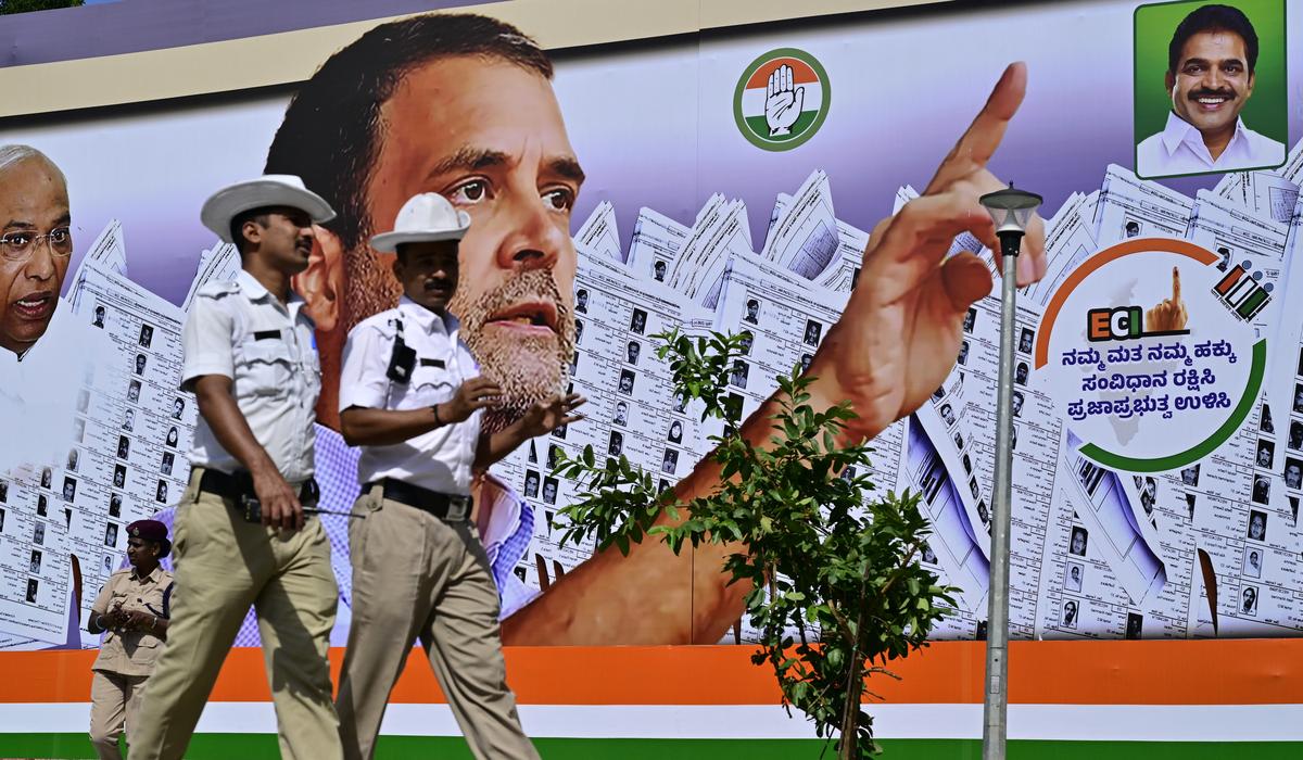 Posters and banners put up in and around Freedom Park ahead of Leader of Opposition of Lok Sabha Rahul Gandhi’s protest rally, in Bengaluru on Thursday.