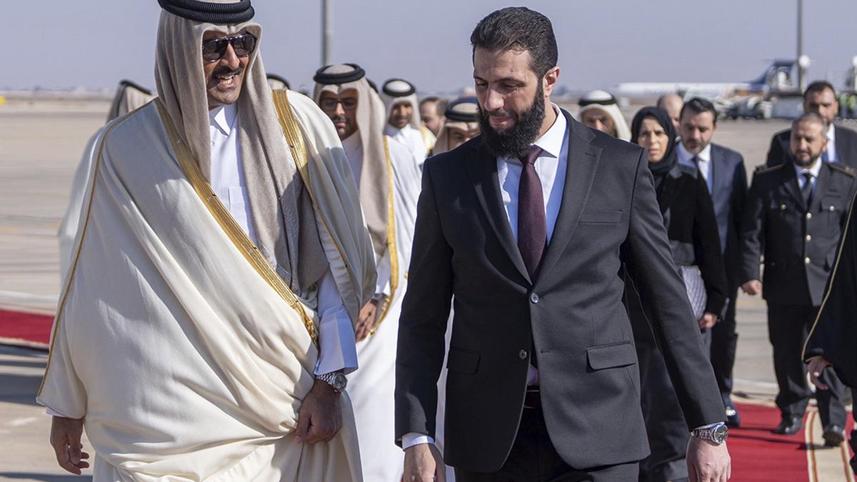 Qatari Emir Sheikh Tamim bin Hamad Al-Thani in Syria, met by interim President Sharaa