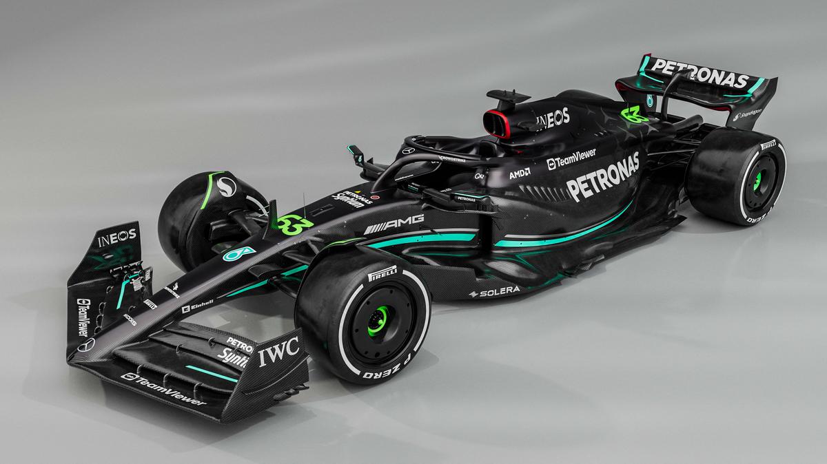 A handout image released by Mercedes shows the team’s new Mercedes-AMG F1 W14-E Formula One racing car during their 2023 season launch, in Silverstone on February 15, 2023. 