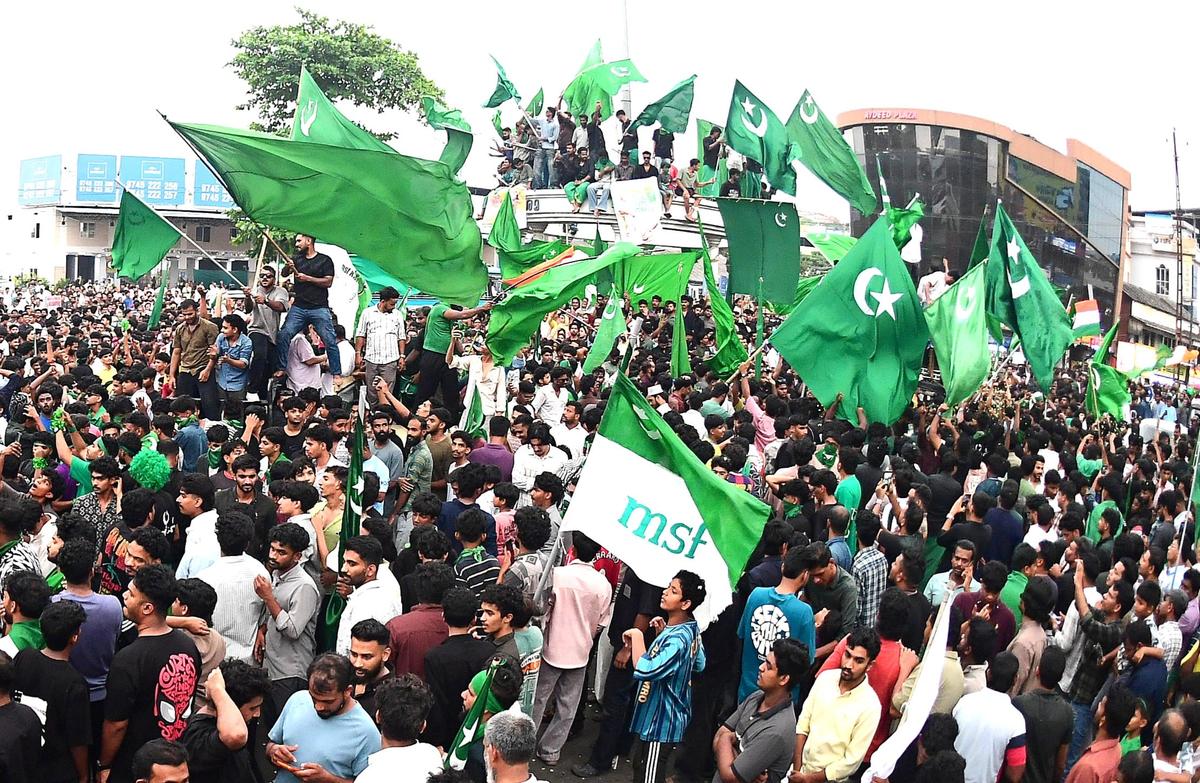 Indian Union Muslim League members celebrating the victory of the United Democratic Front in the Kerala Assembly Elections.