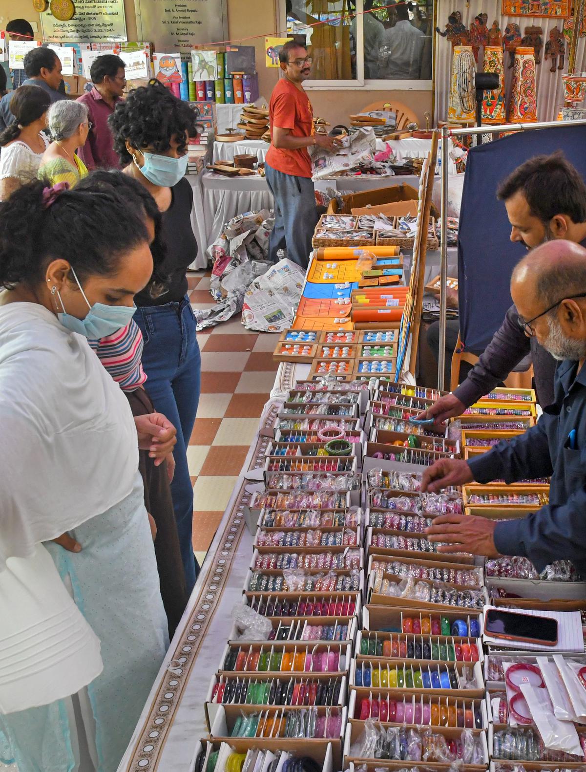 People going around stalls by craftspersons at the three-day Weaves and Crafts Bazaar organised by Crafts Council of Andhra Pradesh at Gandhi Community Centre in Visakhapatnam.