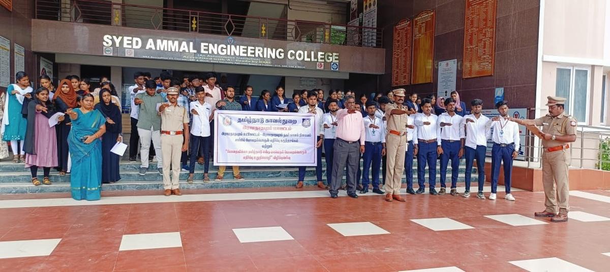 Students of Syed Ammal Engineering College, Ramanathapuram, taking a pledge against use of drugs