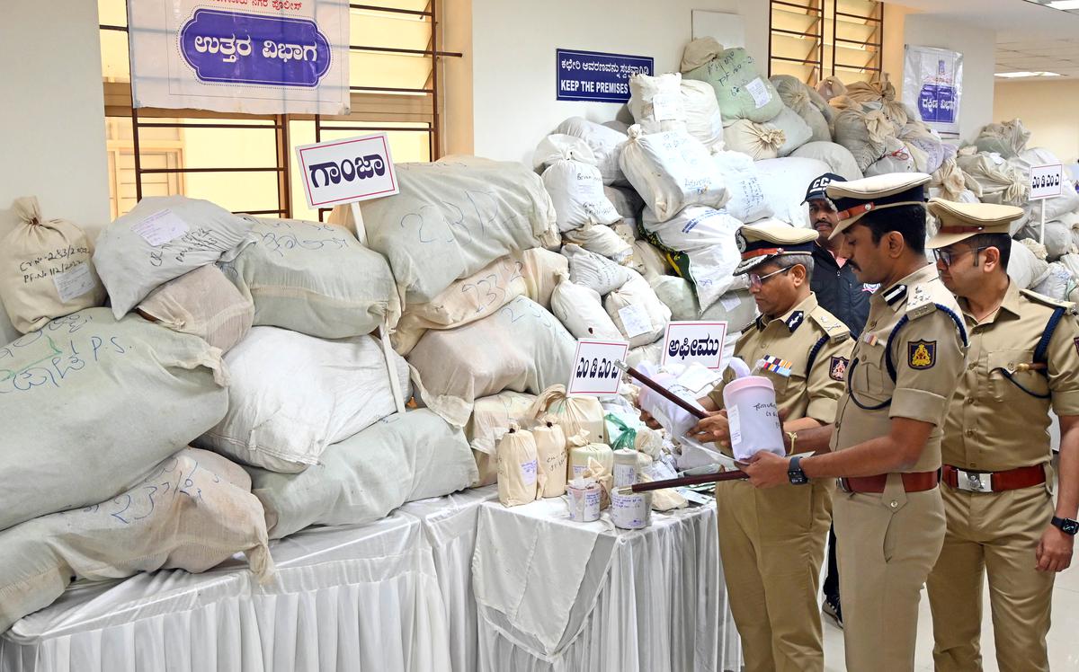 Bengaluru City Police Commissioner B Dayananda inspects the array of seized drugs displayed on the  International Day Against Drugs Abuse, at COP office, in Bengaluru on Monday.