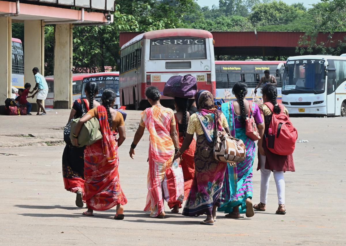 Women at the KSRTC bus stand at the temple town of Dharmasthala in Dakshina Kannada district. 