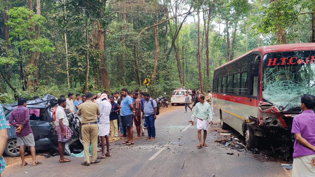 Three of a family killed as car collides with private bus near Venur in