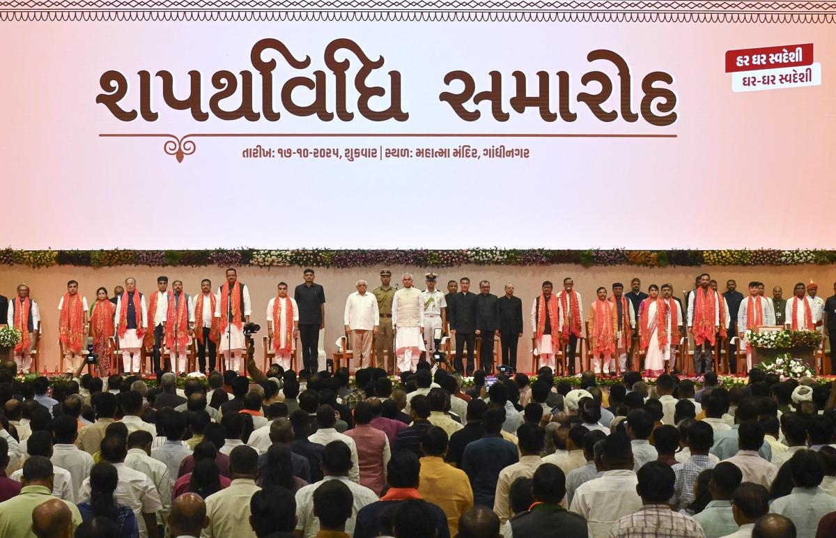 A view of the swearing-in ceremony of the new Gujarat cabinet, in Gandhinagar, Gujarat, on October 17, 2025. A view of the swearing-in ceremony of the new Gujarat cabinet, in Gandhinagar, Gujarat, on October 17, 2025.