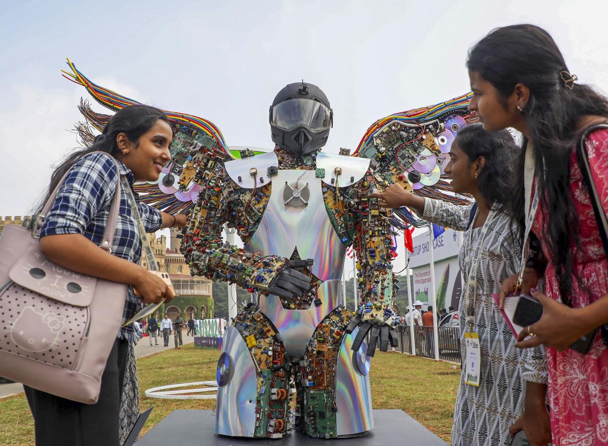 A model of human body made using e-waste on display at the Bengaluru Tech Summit on November 19.