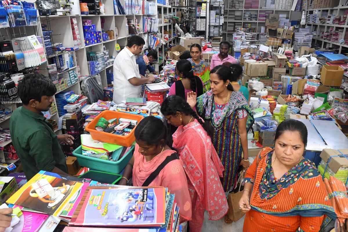 Ahead of School re - opening  children, parents and teachers buying stationery materials at Bunder Street, Parrys Corner in Chennai.