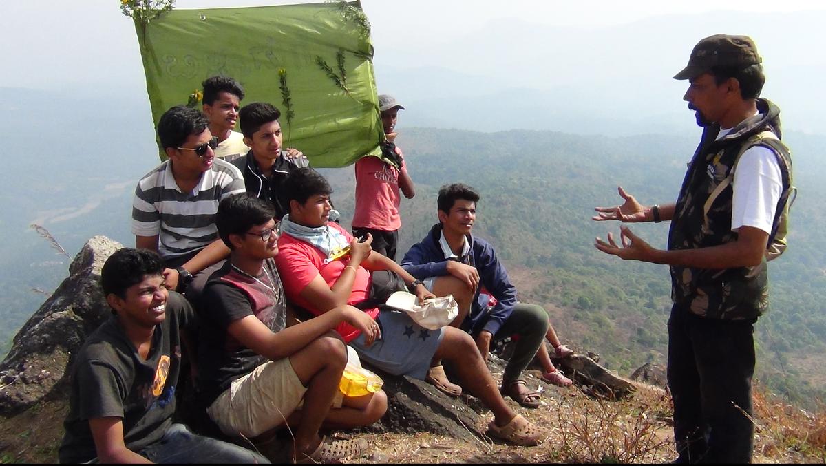 Students of Swaroopa Adhyayana Kendra in Mangaluru went on a two-day trekking in the hills of Kyatanamakki-Menasinahadya forest near Horanadu in March 2017 as part of an initiative by Sahyadri Sanchaya to make students feel the beauty of Western Ghats and its importance.