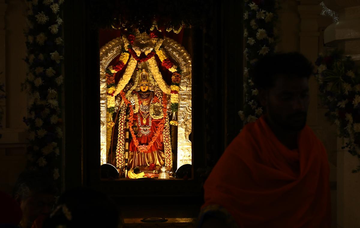 Devotees offer prayers to Nalla Pochamma and Mata Mahankali Devi Ammavar during Bonalu festival at Sabji Mandi in Hyderabad on Sunday. Devotees offer prayers to Nalla Pochamma and Mata Mahankali Devi Ammavar during Bonalu festival at Sabji Mandi in Hyderabad on Sunday.