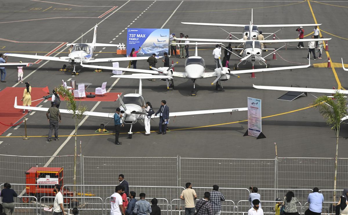 A view of aircrafts showcased at the Wings India 2026 organised at Begumpet Airport in Hyderabad on Friday ( January 30, 2026)