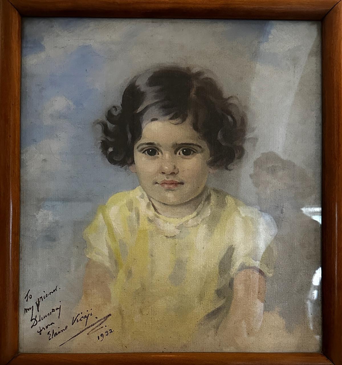 A portrait of Indira Devi Dhanrajgir when she was a child.