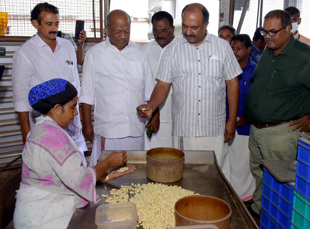 Finance Minister K.N. Balagopal(second from right) at a Kerala State Cashew Development Corporation factory in Ayathil, Kollam district