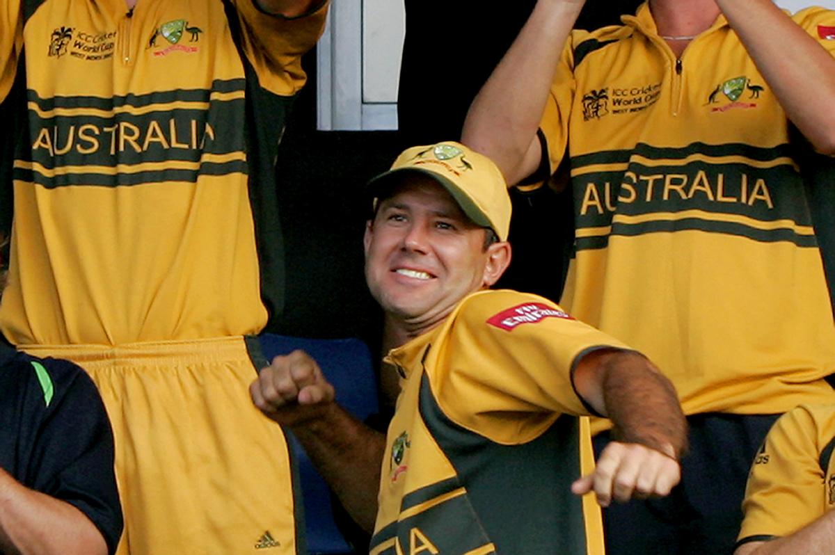 Australia captain Ricky Ponting, punches the air as he celebrates after his team won the Cricket World Cup semifinal match against South Africa in Gros Islet, St. Lucia, April 25, 2007.  