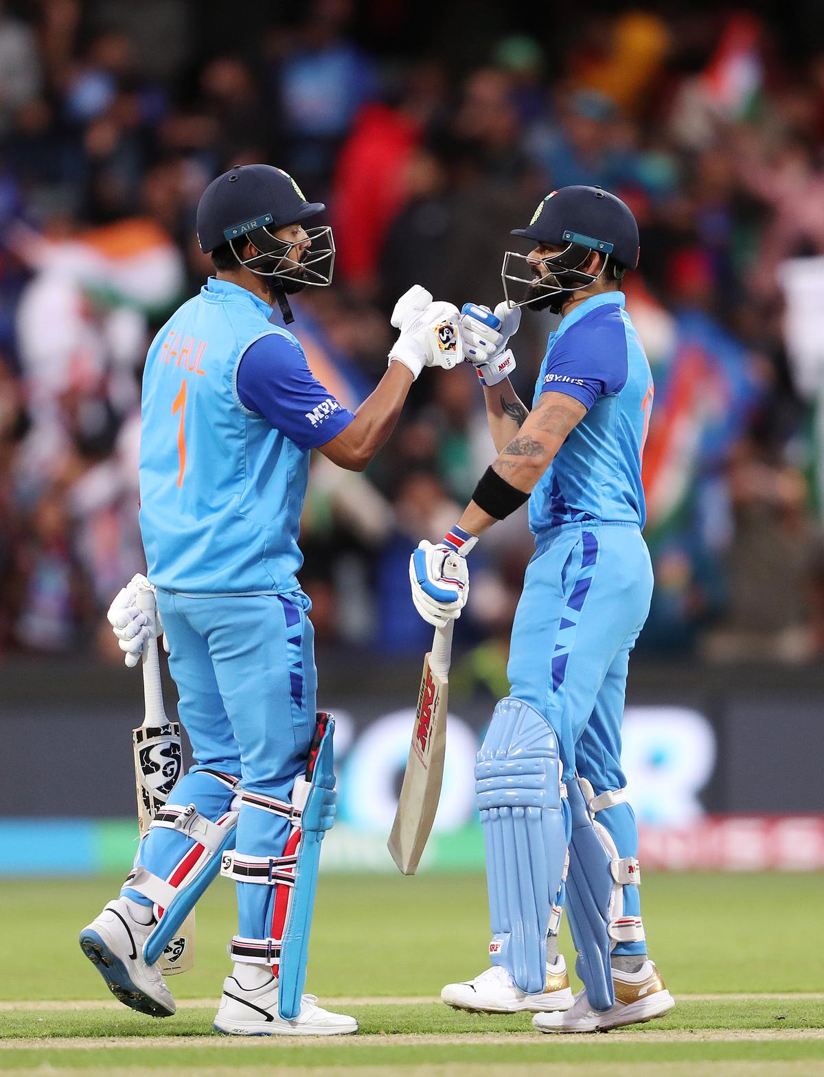 K. L. Rahul and Virat Kohli of India during the ICC Men’s T20 World Cup match between India and Bangladesh at Adelaide Oval on November 02, 2022 in Adelaide, Australia