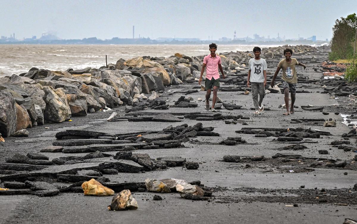 A view of the damaged road along the Uppada coast in Kakinada, following the impact of Cyclone Montha on Wednesday A view of the damaged road along the Uppada coast in Kakinada, following the impact of Cyclone Montha on Wednesday