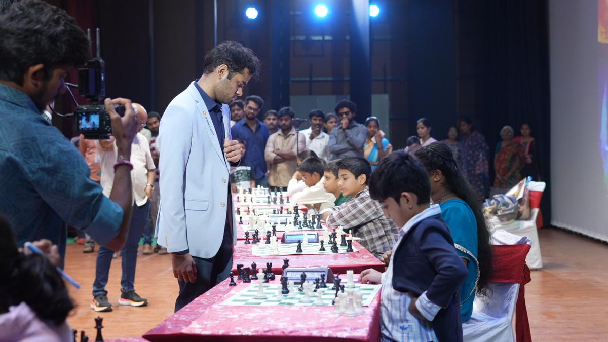 Arjun and 12 young aspiring pay chess at Hanumakonda on Saturday. Arjun and 12 young aspiring pay chess at Hanumakonda on Saturday.