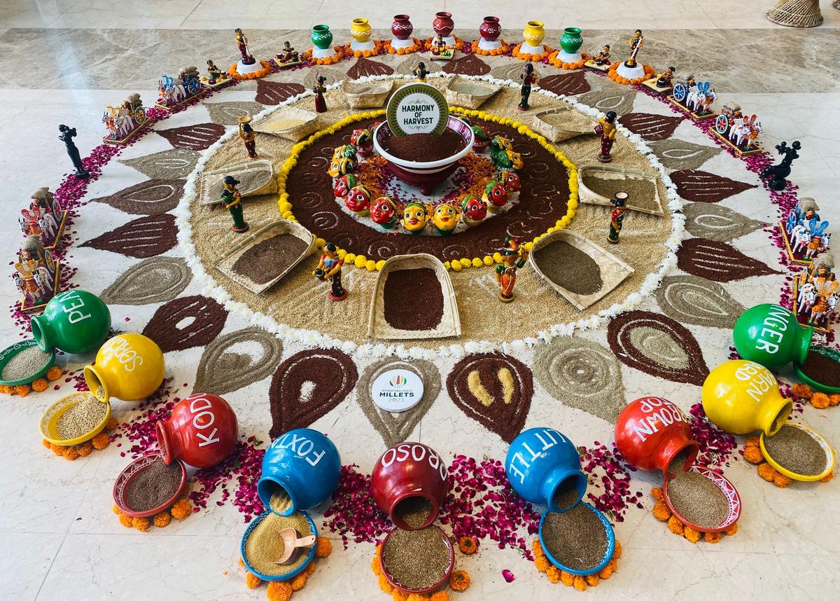 A file photo of an arrangement done by Millet Bank to mark International Year of Millets 2023