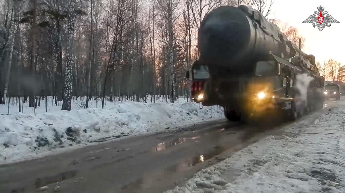 This photo made from video provided by the Russian Defense Ministry Press Service on Wednesday, March 29, 2023, shows a Yars missile launcher of the Russian armed forces being driven in an undisclosed location in Russia. 