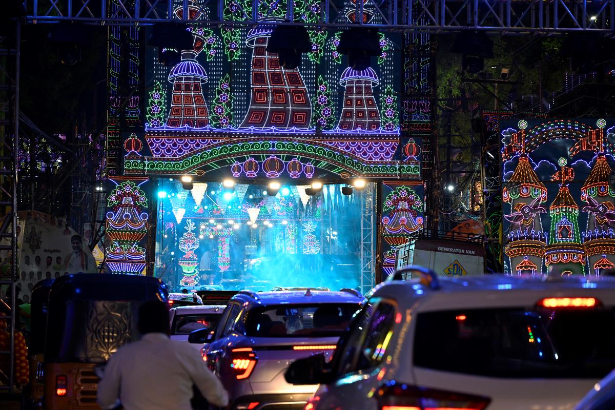 Streets of West Marredpally illuminated for the Bonalu festivities.