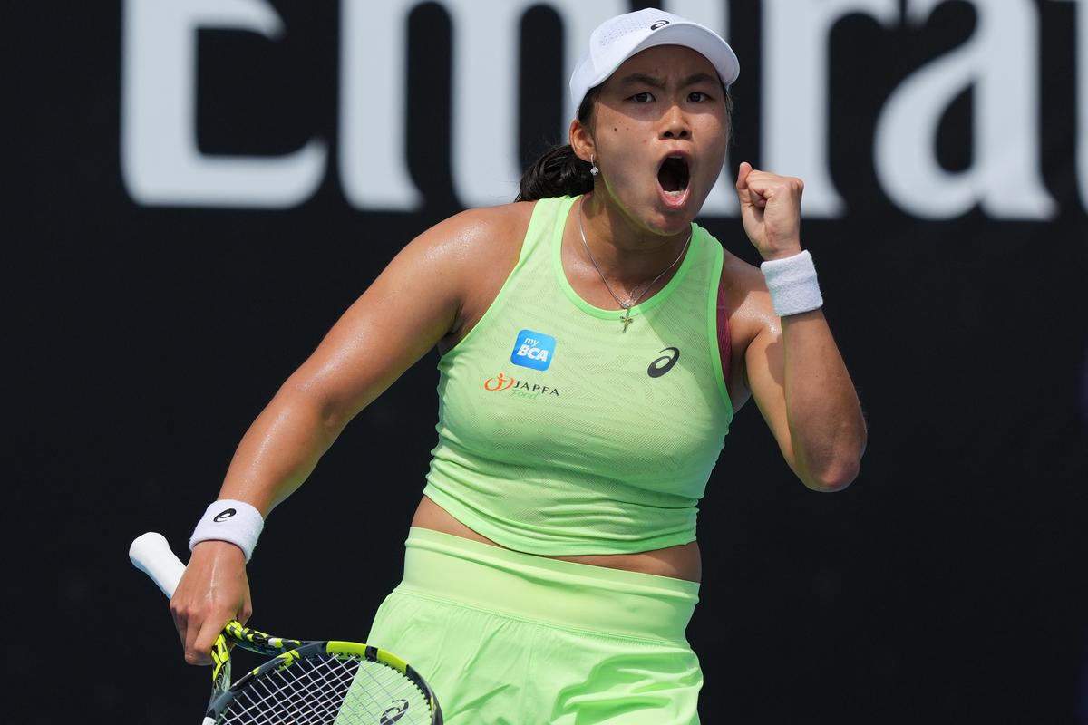 Indonesia’s Janice Tjen of Indonesia reacts during her first round match against Leylah Fernandez of Canada at the Australian Open tennis championship in Melbourne, Australia, on January 20, 2026