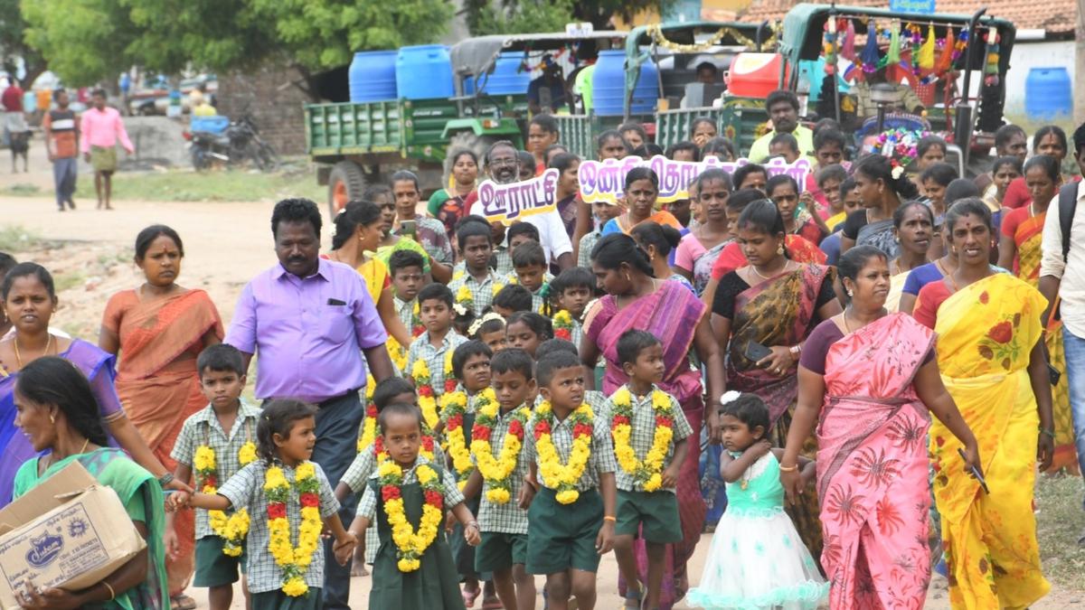 New students enter govt. school bearing gifts donated by villagers in Ramanathapuram