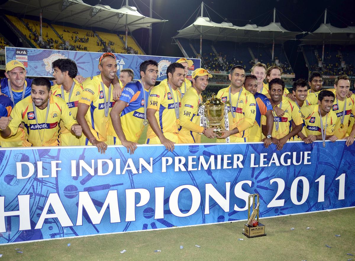 Chennai Super Kings players celebrate the victory of the 4th Edition of the IPL at M.A. Chidambaram Stadium in Chennai on May 28, 2011.  