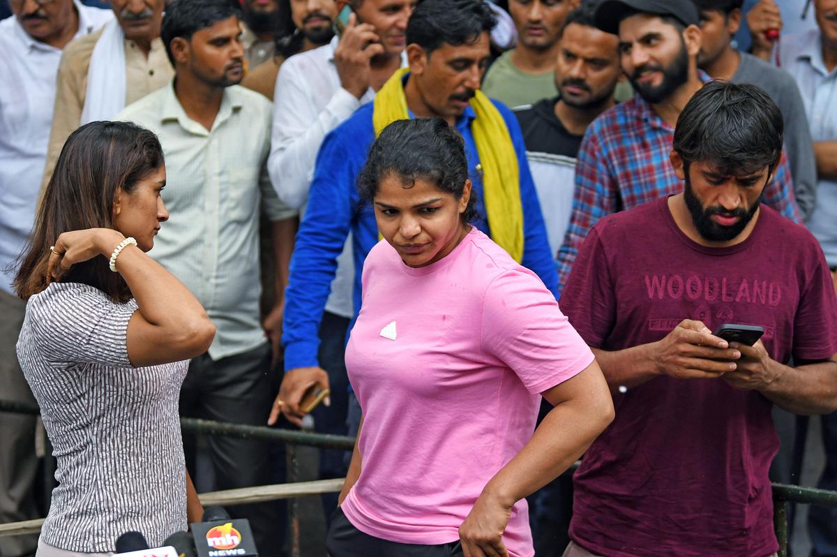 Wrestlers are seen during their ongoing protest against WFI chief Brij Bhushan Singh, at Jantar Mantar, in New Delhi on May 1, 2023.