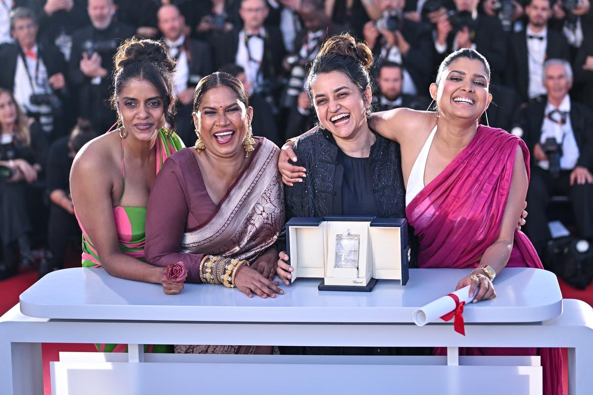 (L to R) Actors Kani Kusruti, Chhaya Kadam, director Payal Kapadia and actor Divya Prabha pose with the Grand Prix Award for their film ‘All We Imagine As Light’ at the Cannes Film Festival 2024. (L to R) Actors Kani Kusruti, Chhaya Kadam, director Payal Kapadia and actor Divya Prabha pose with the Grand Prix Award for their film ‘All We Imagine As Light’ at the Cannes Film Festival 2024.