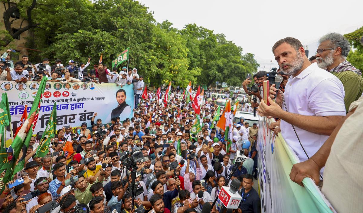 Congress leader Rahul Gandhi with CPI (ML) Liberation General Secretary Dipankar Bhattacharya and others addresses supporters and the media during ‘Bihar bandh’ in Patna, on July 9, 2025. Photo: AICC via PTI Congress leader Rahul Gandhi with CPI (ML) Liberation General Secretary Dipankar Bhattacharya and others addresses supporters and the media during ‘Bihar bandh’ in Patna, on July 9, 2025. Photo: AICC via PTI