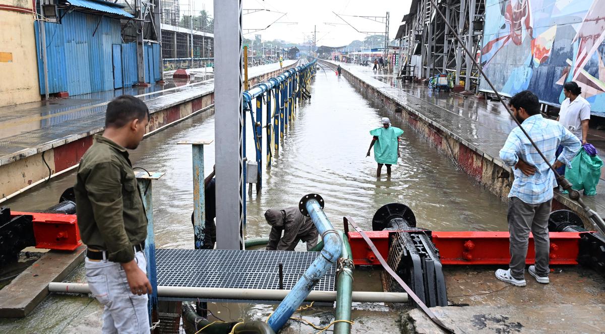 Heavy rain resulted in waterlogging on many roads and in low-lying areas of Chennai due to impact of Cyclone Ditwah. A scene of workers pumping out rainwater from the railway tracks at Egmore Railway station in the city on December 1, 2025