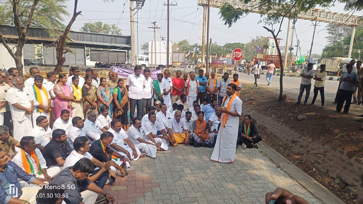 BJP cadre removed during fast in protest against delay in CETP at SIPCOT Perundurai