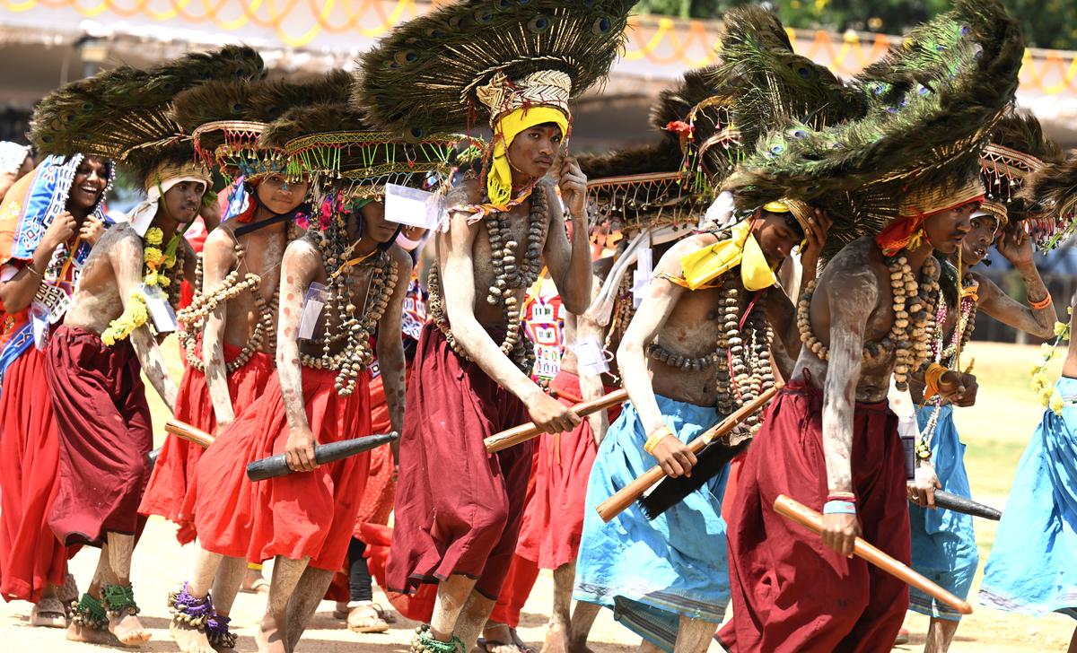 Artistes from the Gond tribe of Adilabad perform Gussadi dance as part of the Telangana Formation Day celebrations at Parade Grounds in Secunderabad on Monday. Artistes from the Gond tribe of Adilabad perform Gussadi dance as part of the Telangana Formation Day celebrations at Parade Grounds in Secunderabad on Monday.
