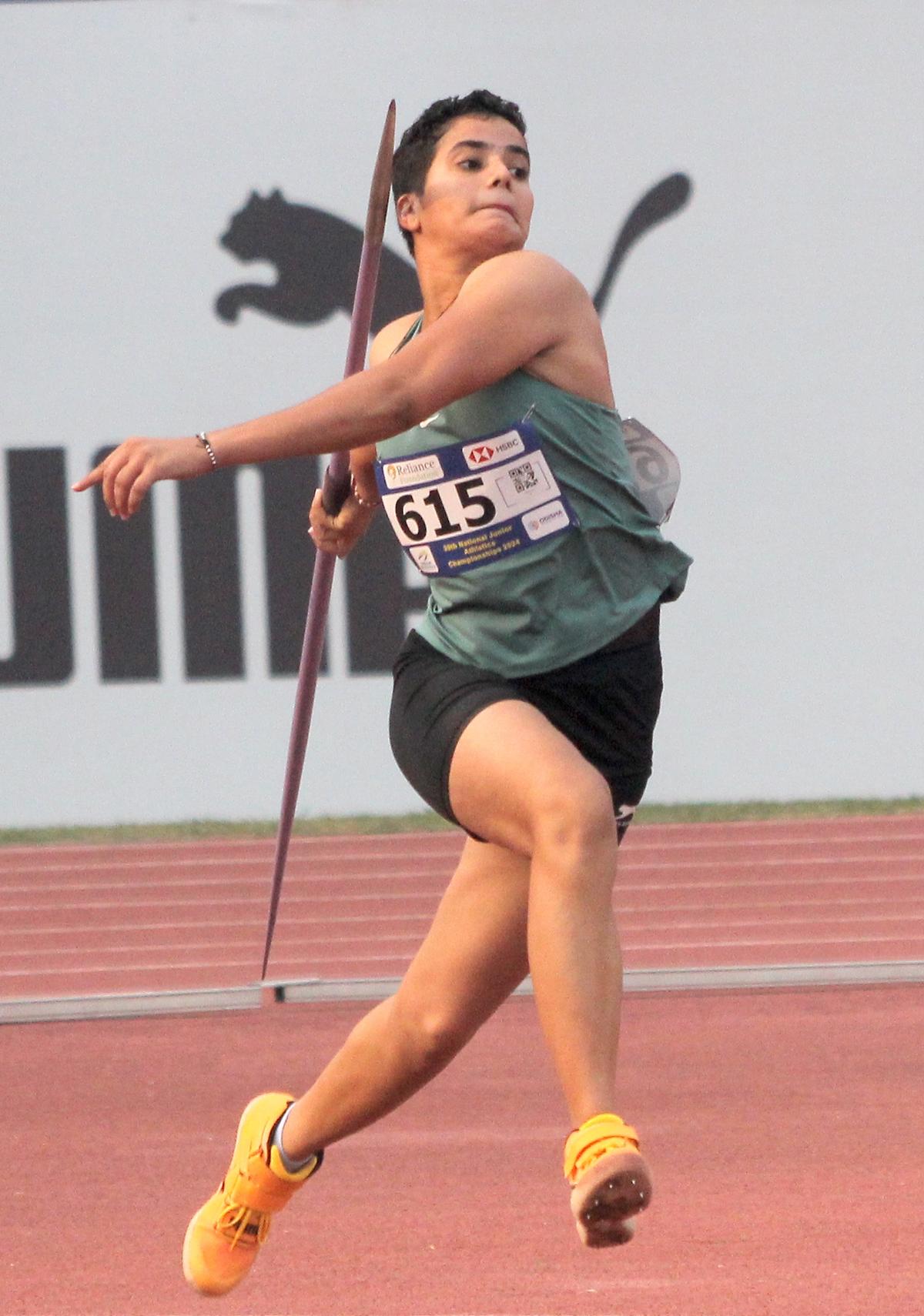 Deepika from Haryana in action during the U-20 javelin throw final.