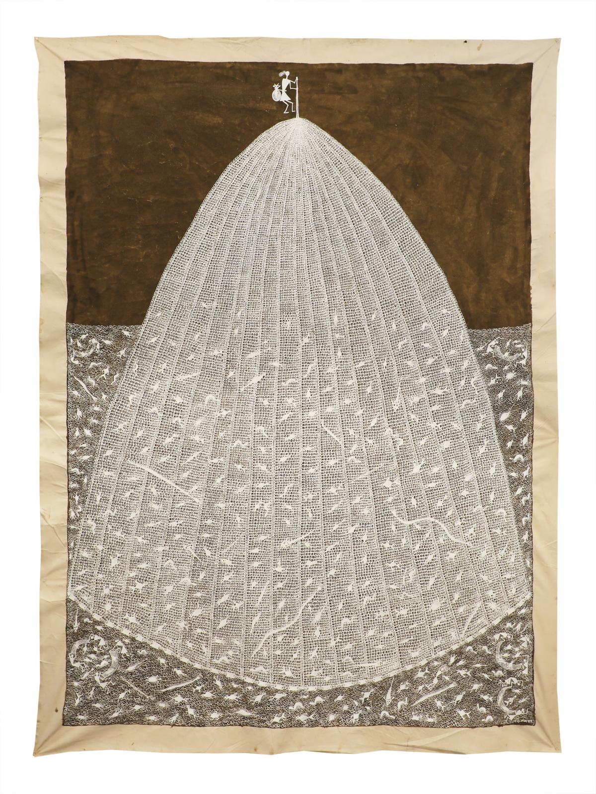 Fish net by Balu Jivya Mashe, cow dung and acrylic on raw canvas.