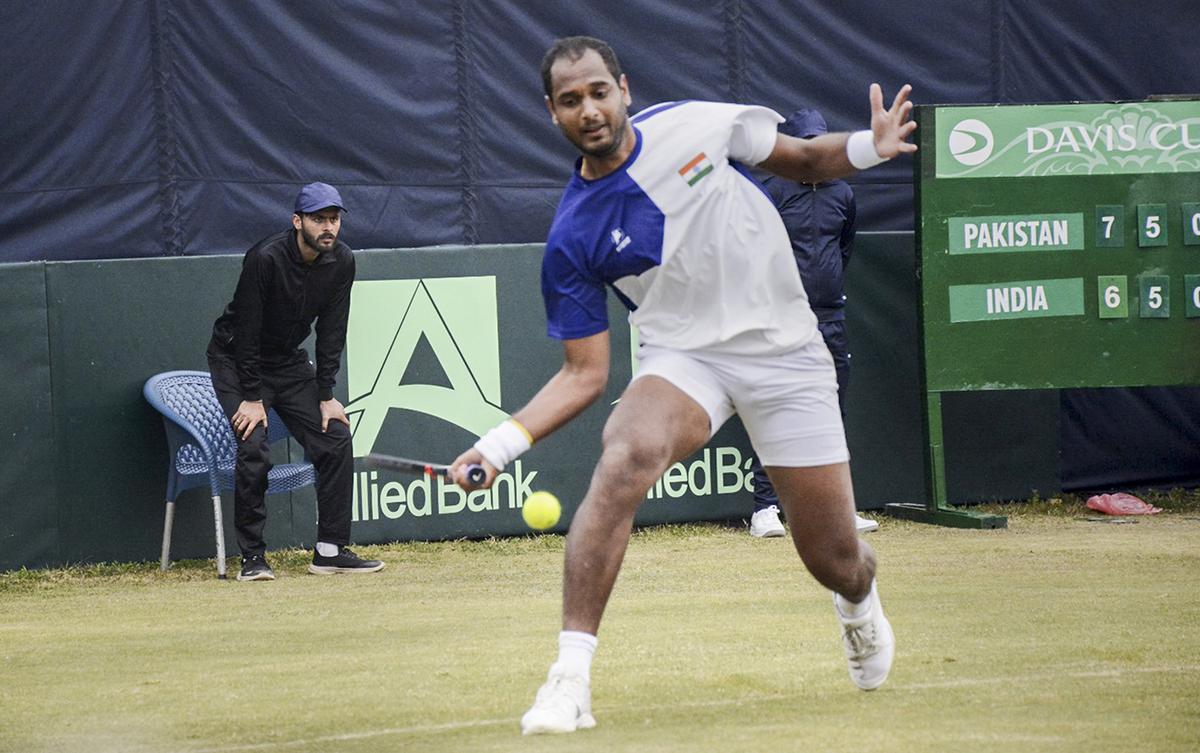 India’s Ramkumar Ramanathan during the Davis Cup 2024 tennis match between India and Pakistan.