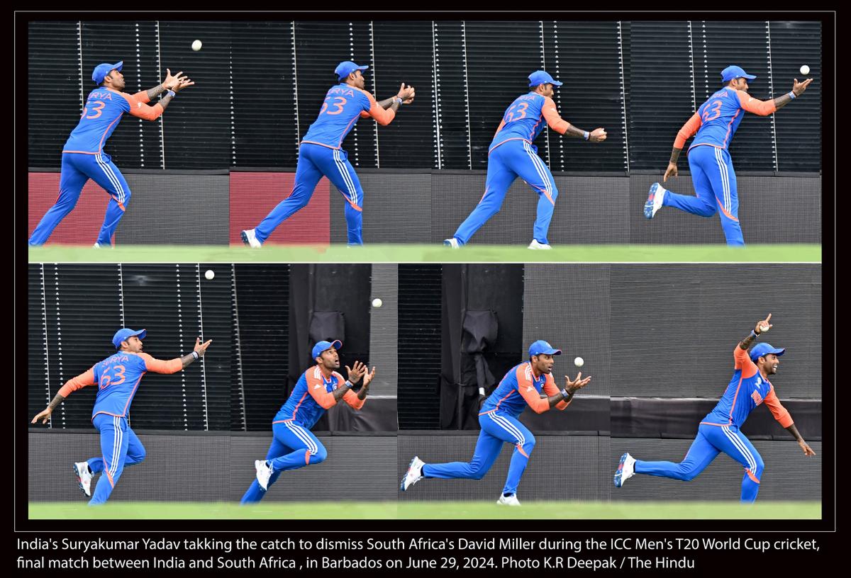 India’s Suryakumar Yadav taking the catch to dismiss South Africa’s David Miller during the start the ICC Men’s T20 World Cup 2024 cricket final match between India and South Africa , in Barbados.